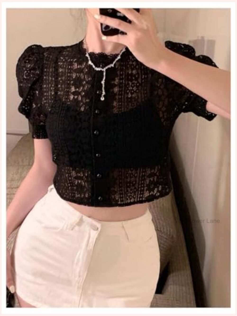 Sheer Mesh Lace Button Down Crop Top Puff Sleeve Elegant Blouse - Picture 5 of 5